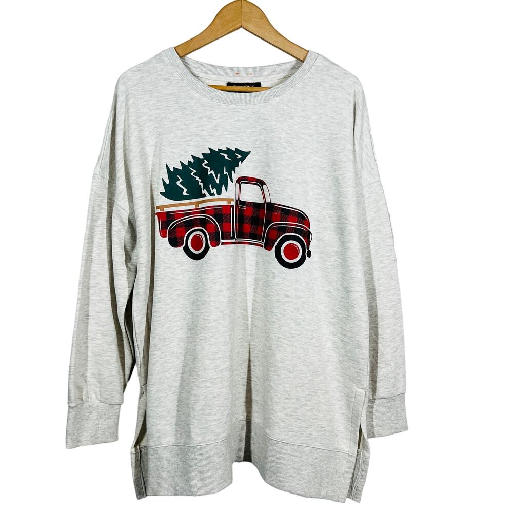 Ellen Tracy Split Side Christmas Sweatshirt Red Truck Holiday Grey - XXL